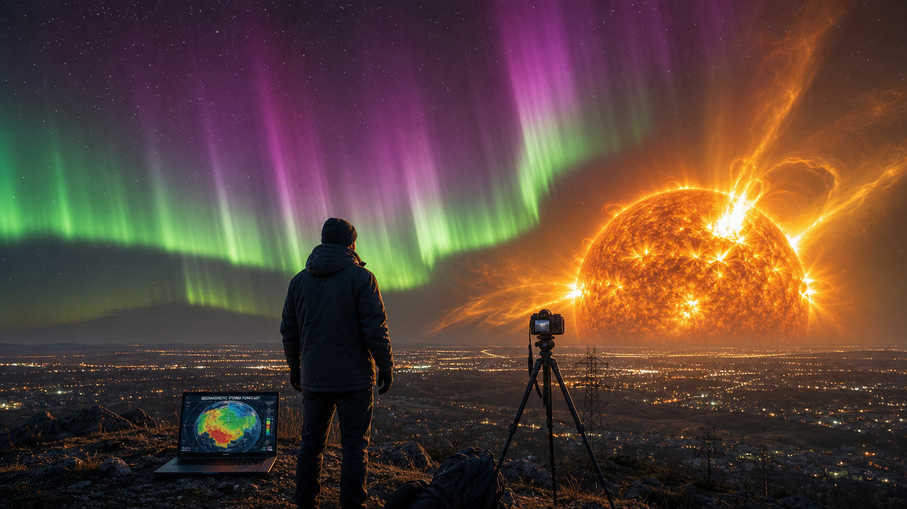 Pessoa observa aurora boreal e sol gigante incandescente sobre cidade à noite, com laptop e câmara.