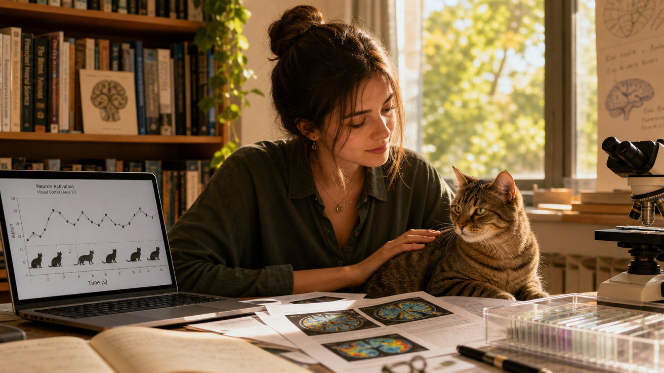 Mulher a estudar imagens cerebrais e gráficos com um gato no colo, em ambiente luminoso e cheio de livros.