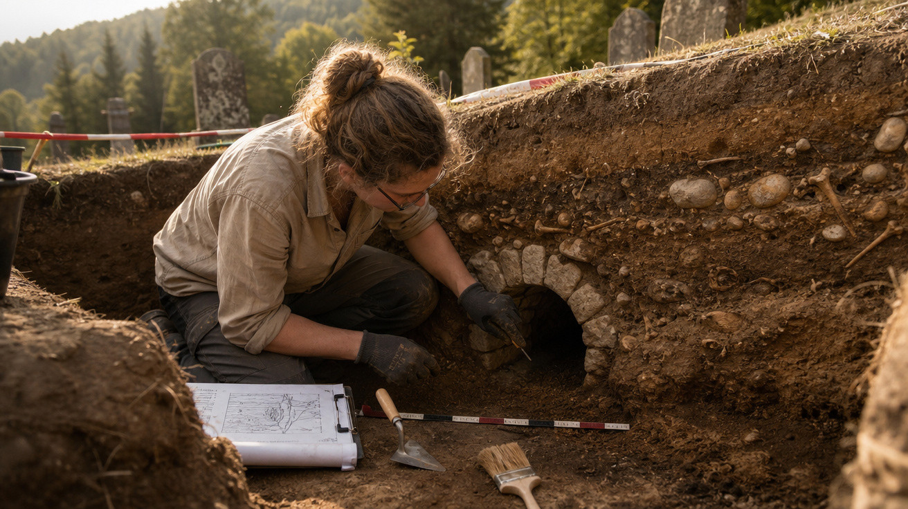 Arqueóloga a escavar e documentar uma estrutura de pedra num sítio arqueológico ao ar livre.