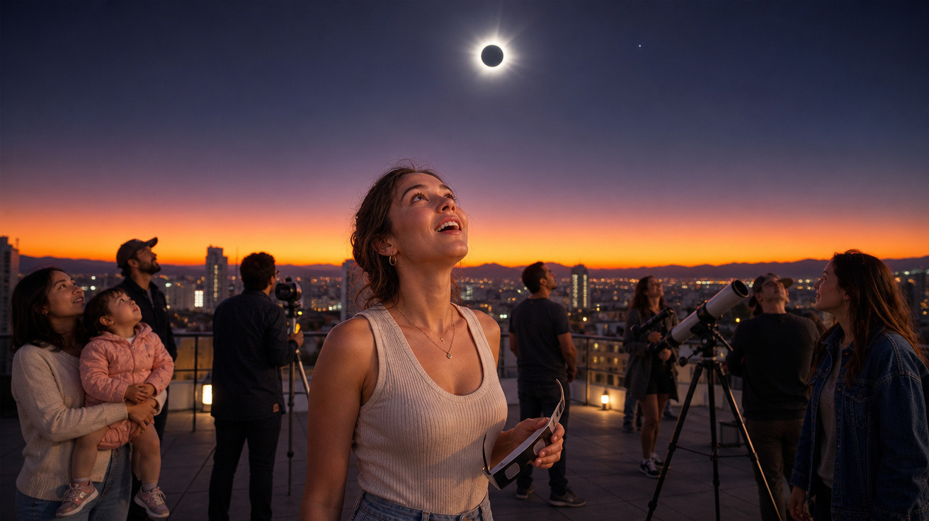Pessoas observam um eclipse solar na cidade ao anoitecer, com telescópios e céu em tons de laranja e azul.