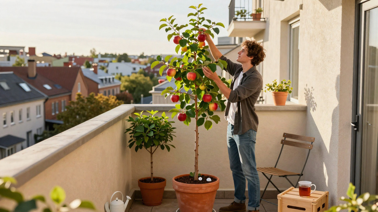 Homem colhendo maçãs numa árvore plantada num vaso grande num terraço urbano ensolarado.