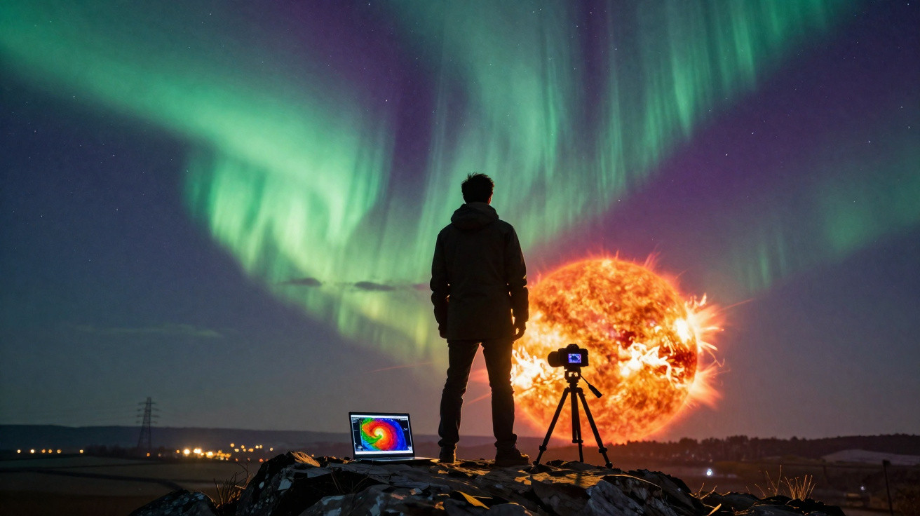 Pessoa a observar aurora boreal e o sol gigante no horizonte, com câmera e portátil num cenário à noite.
