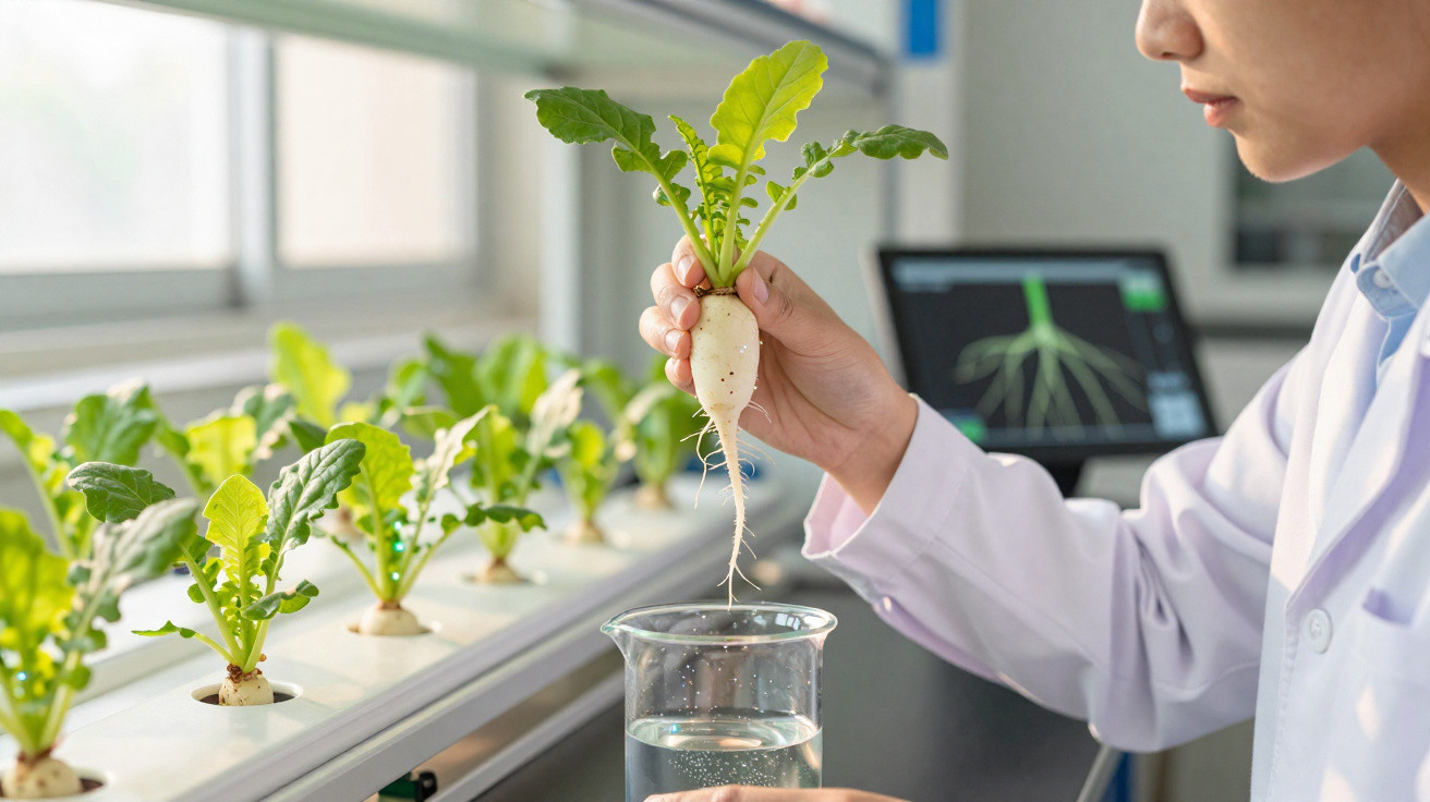 Investigador em laboratório a analisar raiz branca de planta hidropónica junto a monitor com imagem de raiz.