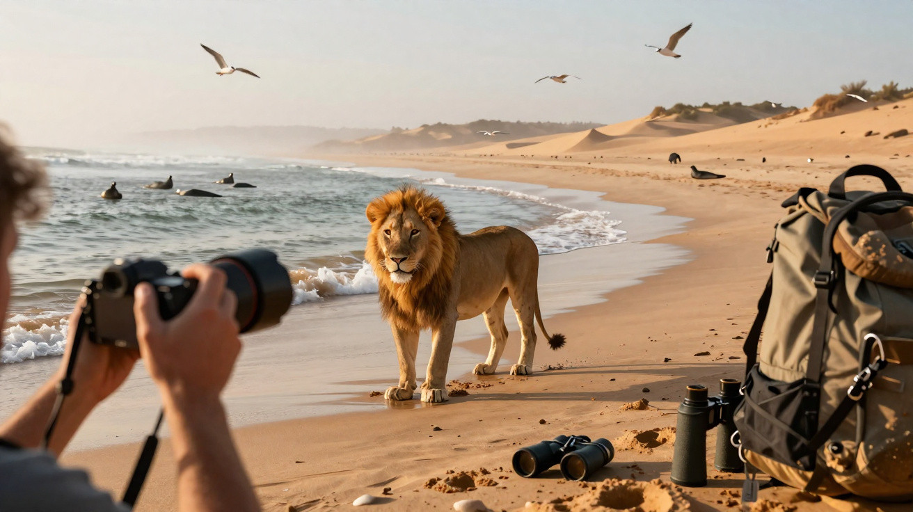 Leão na praia ao pôr do sol, com fotógrafo a tirar foto e mochila com binóculos na areia.