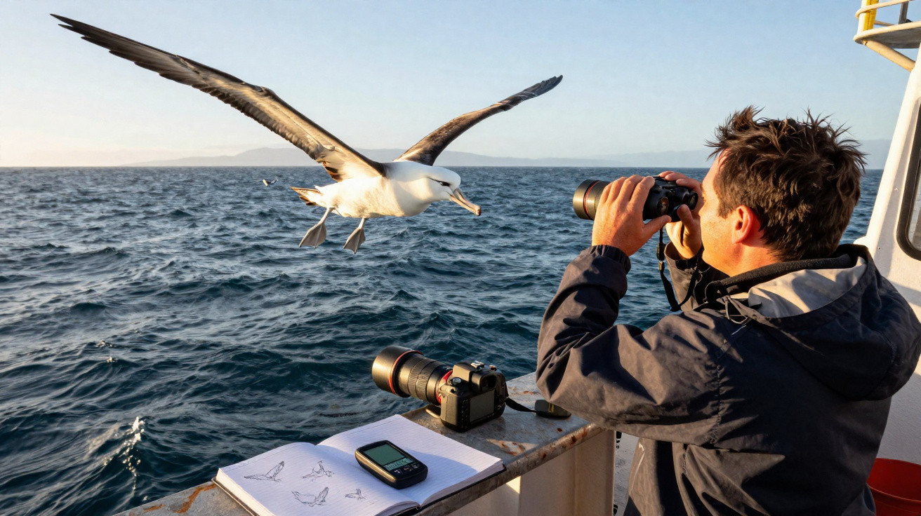 Homem observa aves marinhas com binóculos a bordo de um barco com caderno e câmera fotográfica.