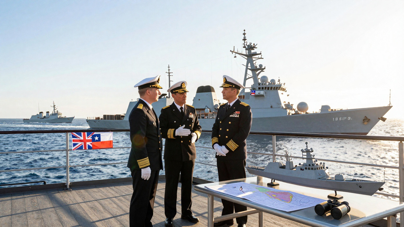 Três oficiais navais em convés de navio com mapas, binóculos e navios de guerra ao fundo no mar.