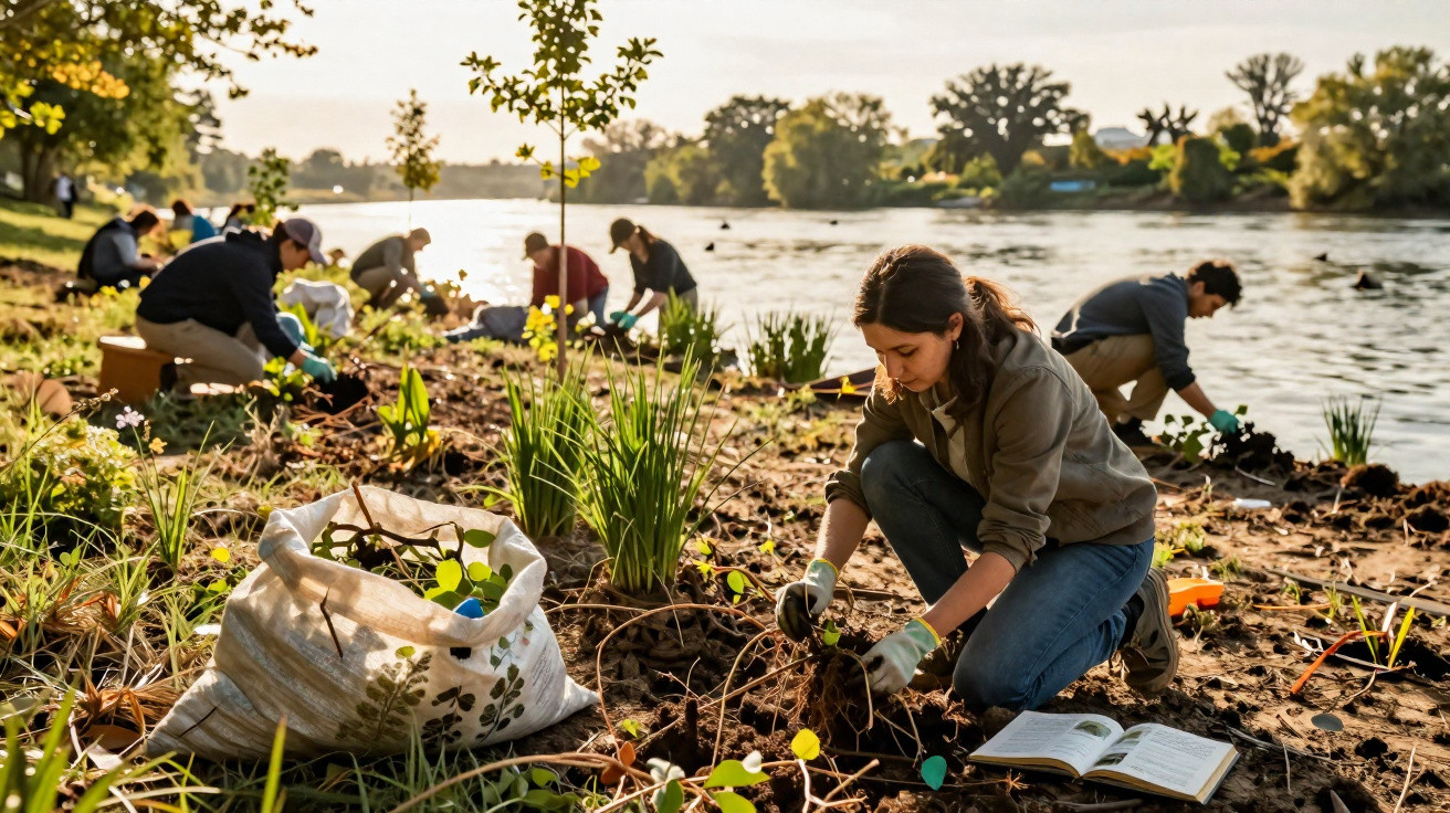 Pessoas a plantar árvores e vegetação à beira de um rio ao final da tarde num ambiente natural.
