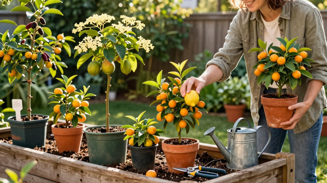 Mulher a cuidar de plantas cítricas em vasos num jardim com regador e tesoura de poda.