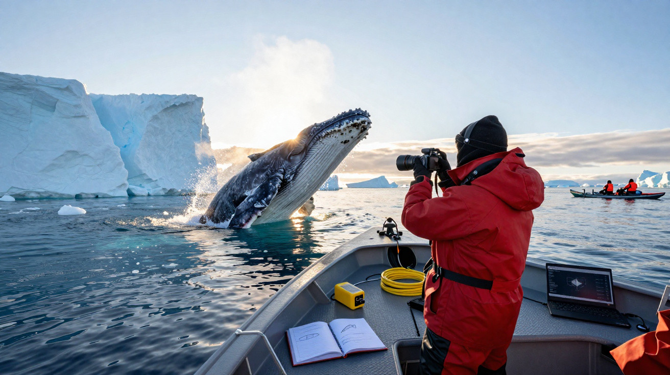 Fotógrafo num barco em águas frias a tirar fotos a uma baleia saltando junto a um icebergue.
