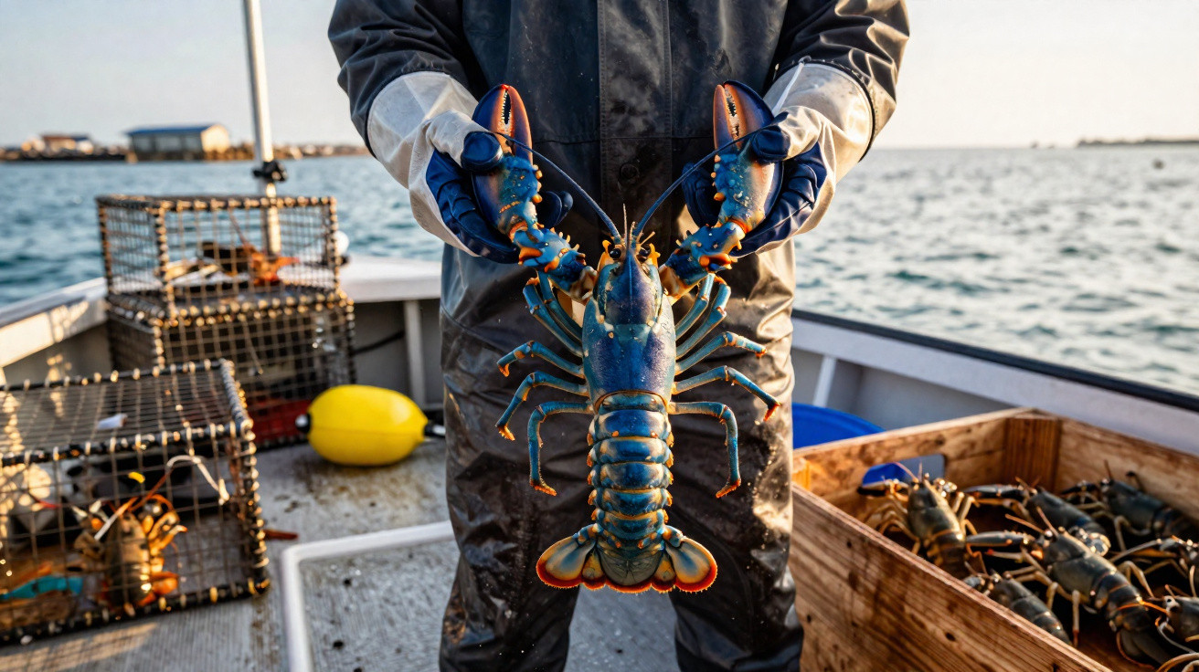 Pescador a segurar uma lagosta azul num barco com armadilhas e mais lagostas à volta.