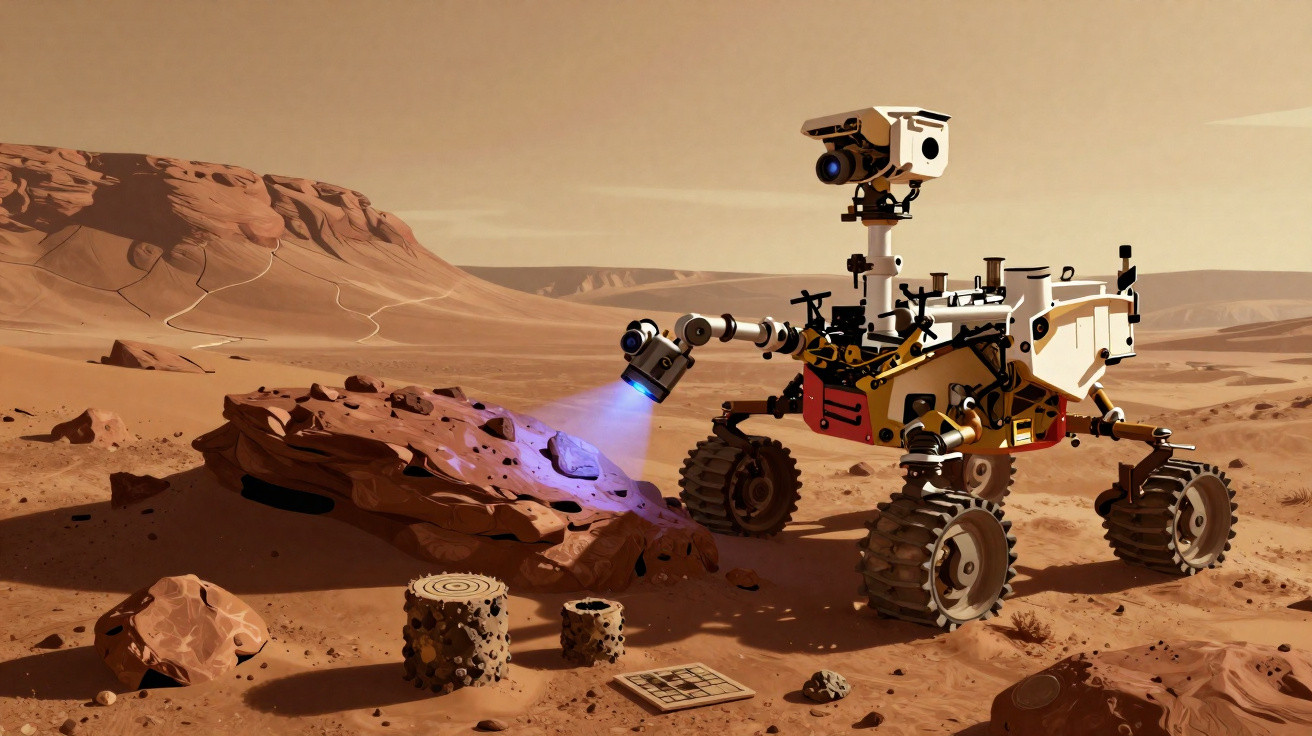 Rover exploratório a examinar uma rocha no terreno árido e vermelho de Marte com montanhas ao fundo.