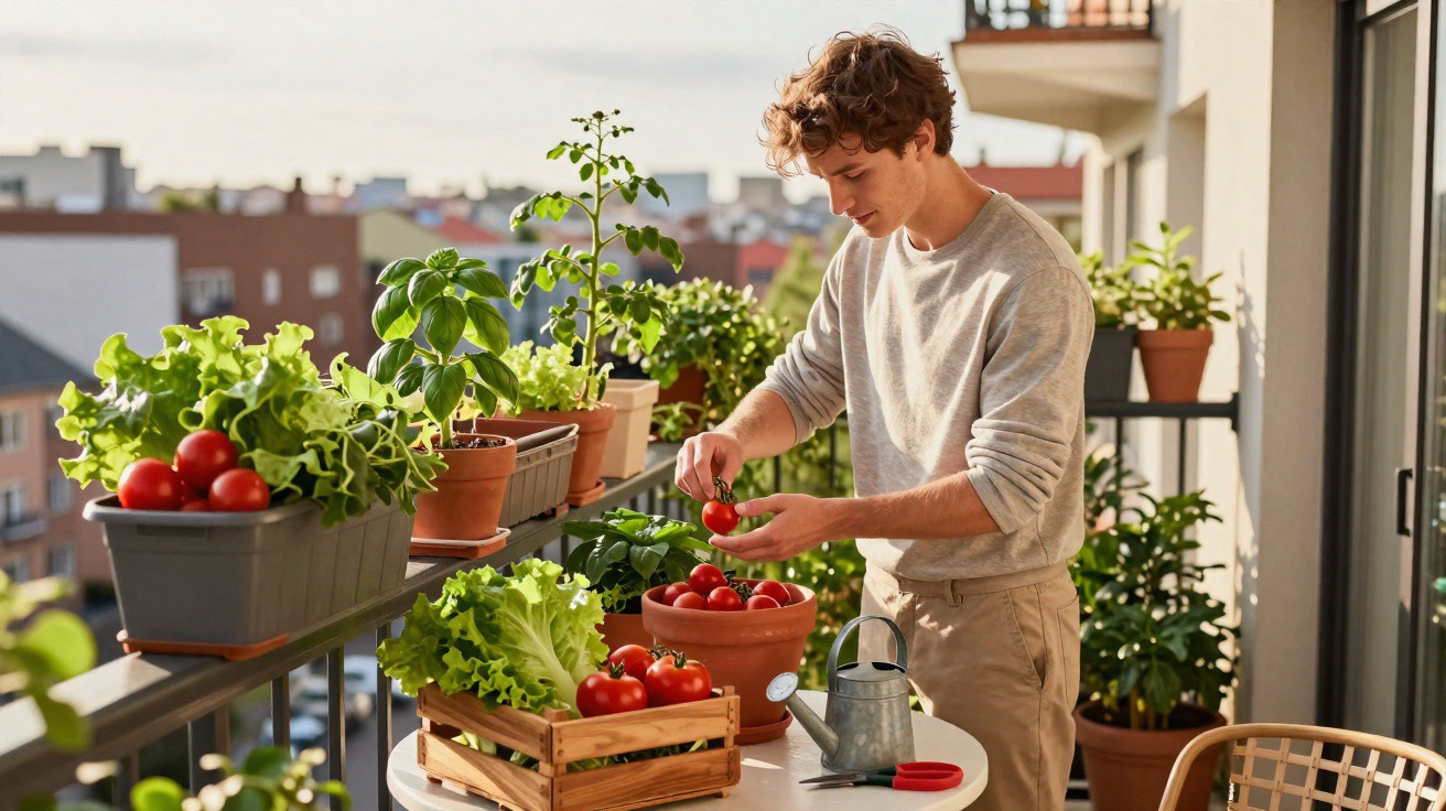 Jovem a colher tomates numa varanda cheia de plantas e legumes em vasos e caixas.
