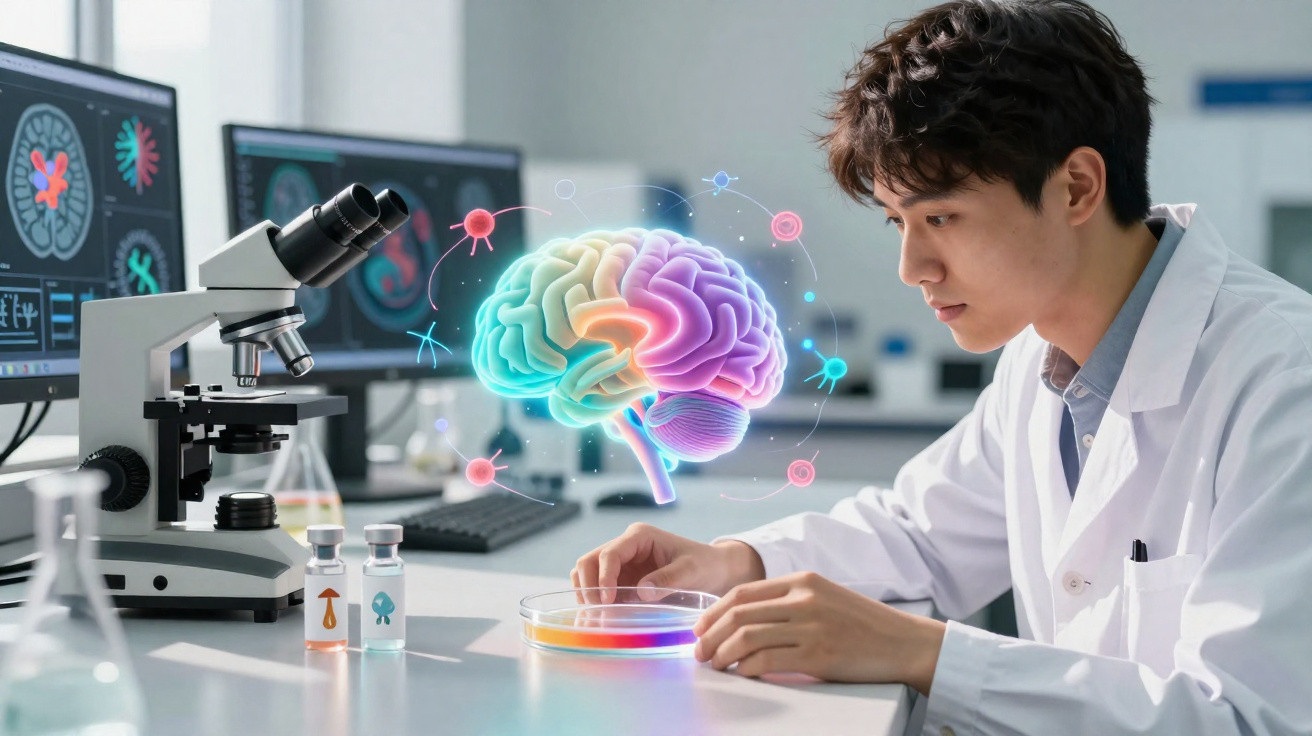 Cientista em laboratório observa longevidade cerebral com holograma colorido do cérebro e análises digitais.