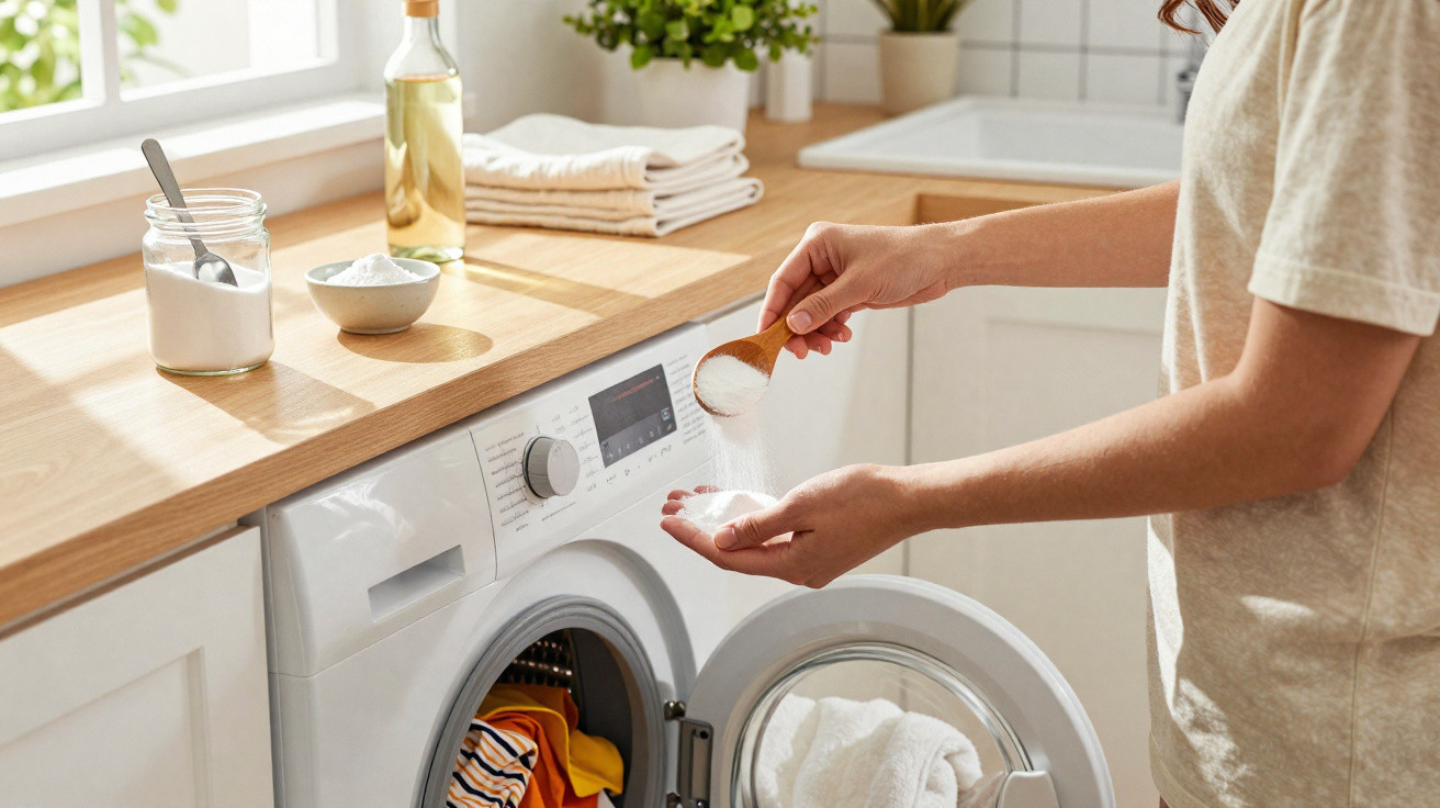 Pessoa a colocar detergente em pó na máquina de lavar roupa numa cozinha clara e arrumada.