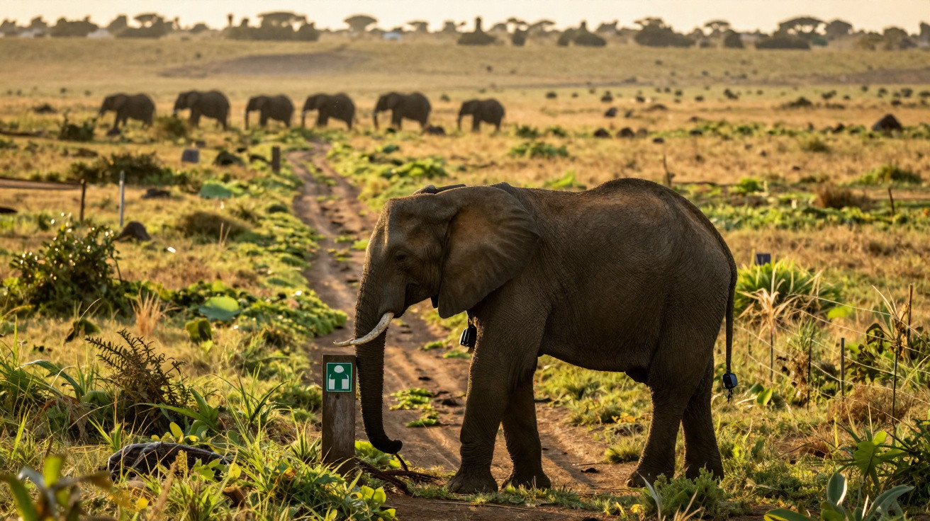 Elefante sozinho junto a caminho rural, com manada ao fundo numa savana ao pôr do sol.