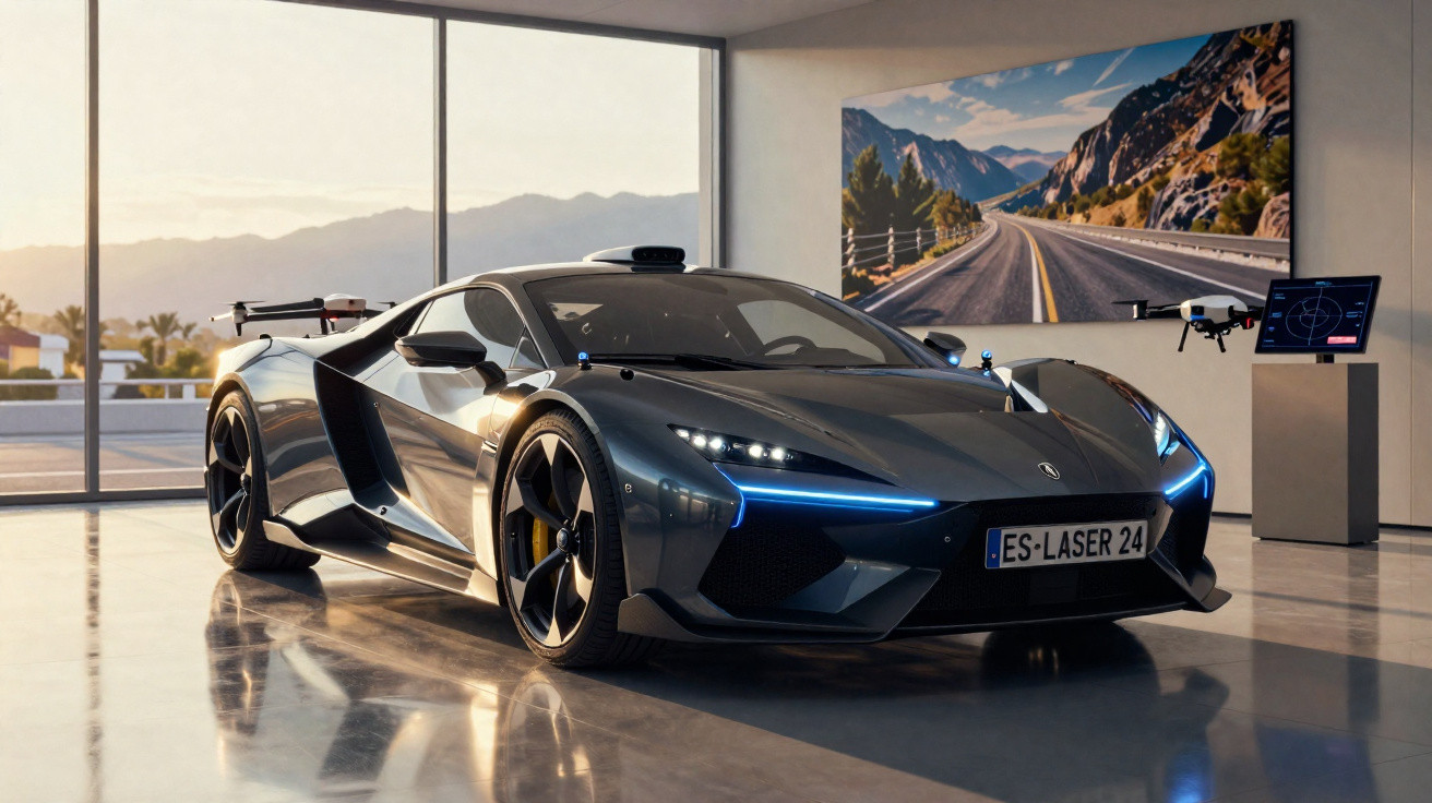 Carro desportivo cinzento elétrico num showroom moderno com iluminação suave e drone ao lado.