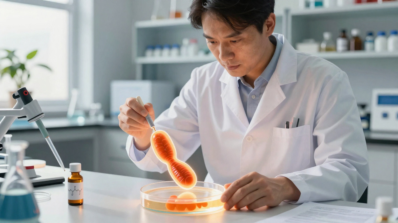 Cientista em bata branca a analisar uma amostra aumentada de bactéria numa placa de Petri num laboratório.