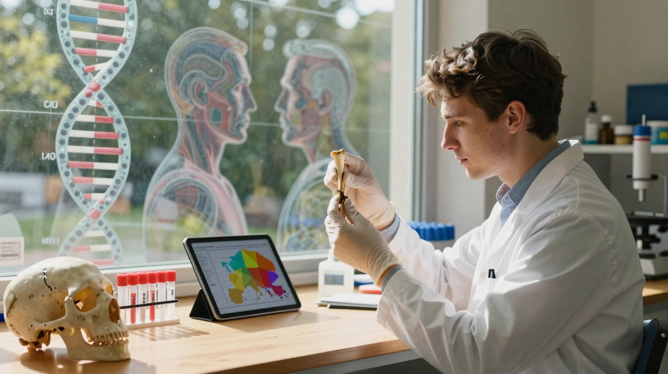 Cientista analisa osso humano num laboratório com crânio, amostras, tablet e ilustrações anatómicas na janela.