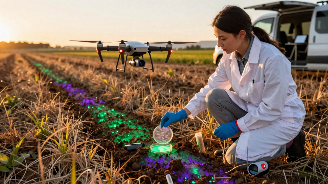 Mulher cientista em campo agrícola usa luvas e jaleco enquanto analisa amostra de solo com drone a sobrevoar.