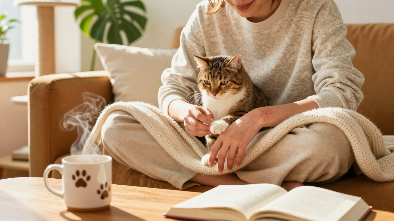 Mulher sentada no sofá, com um gato ao colo, manta e livro aberto numa mesa à frente.