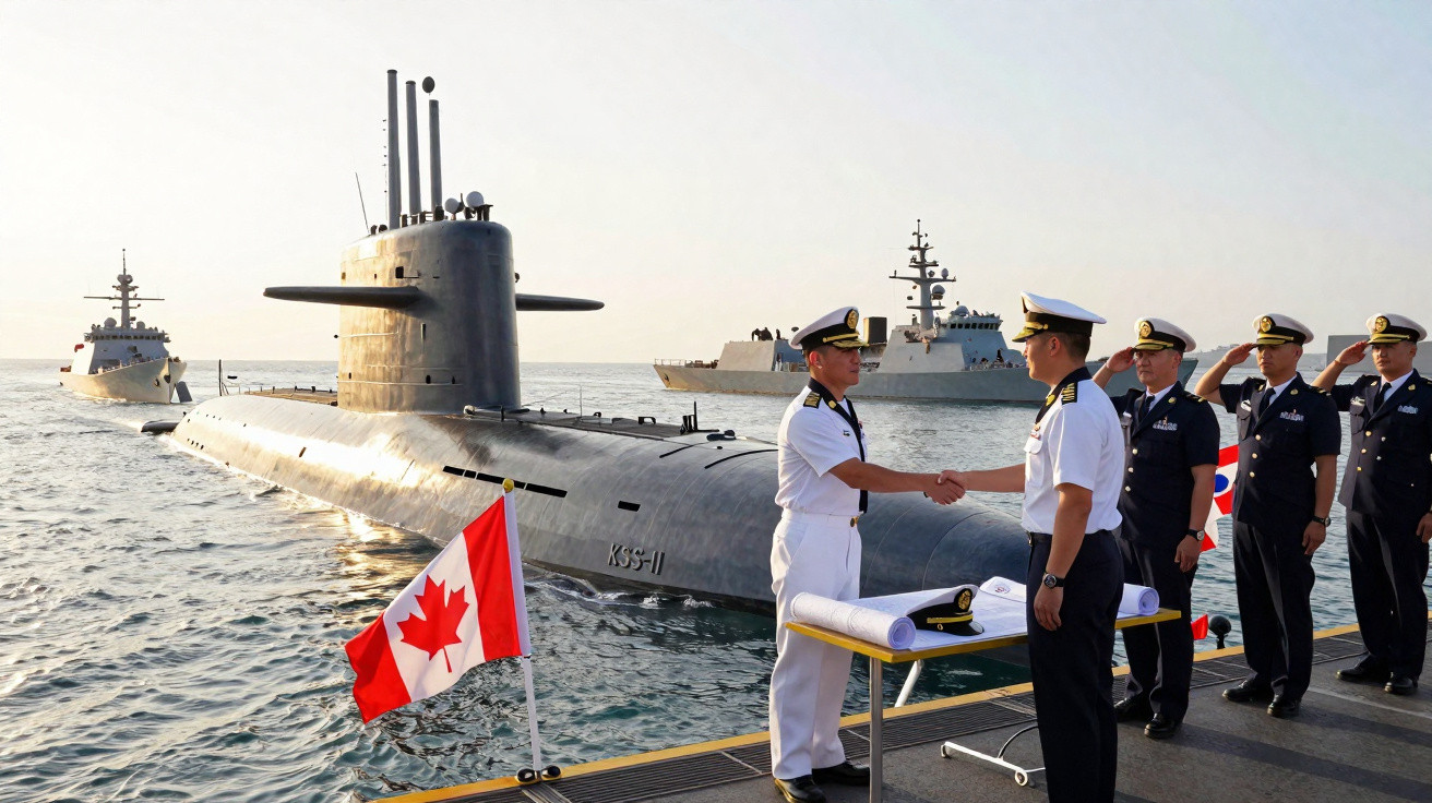 Submarino e navios militares com marinheiros em cerimónia de saudação na doca.