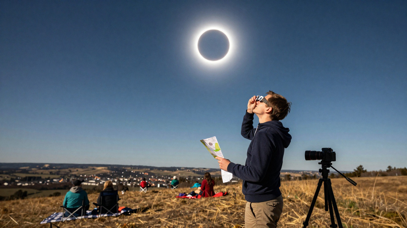 Pessoa observando eclipse solar com óculos especiais, outras sentadas no campo e câmera em tripé ao lado.