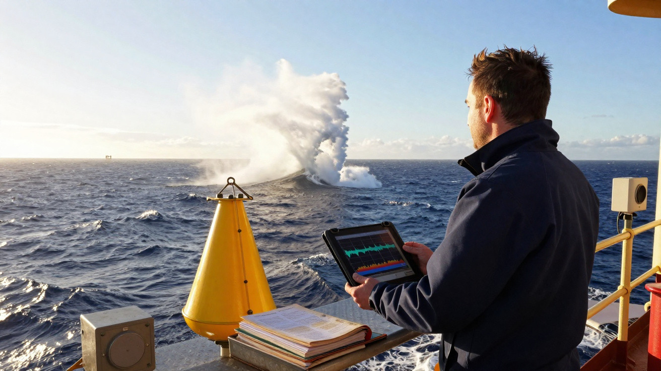 Homem numa embarcação observa erupção submarina no oceano enquanto analisa dados num tablet.