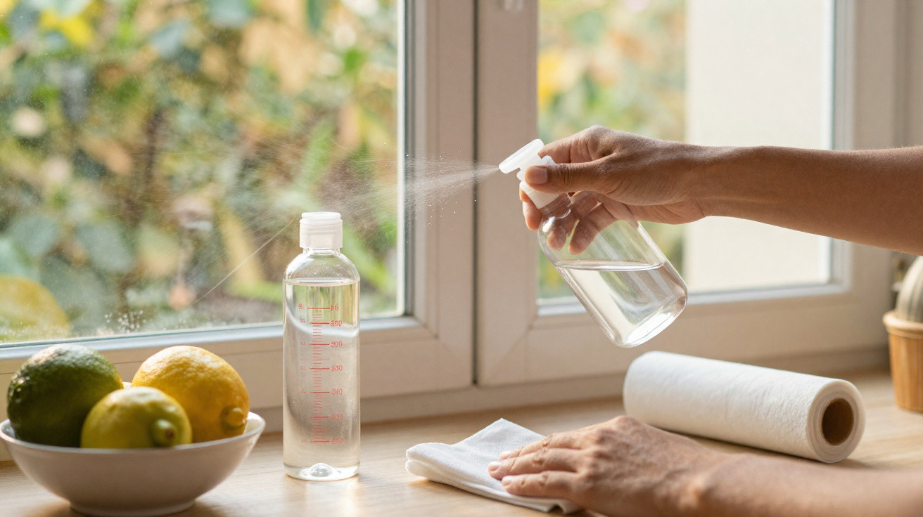 Pessoa a pulverizar líquido numa superfície de vidro para limpeza, com frutas, pano e rolo de papel por perto.