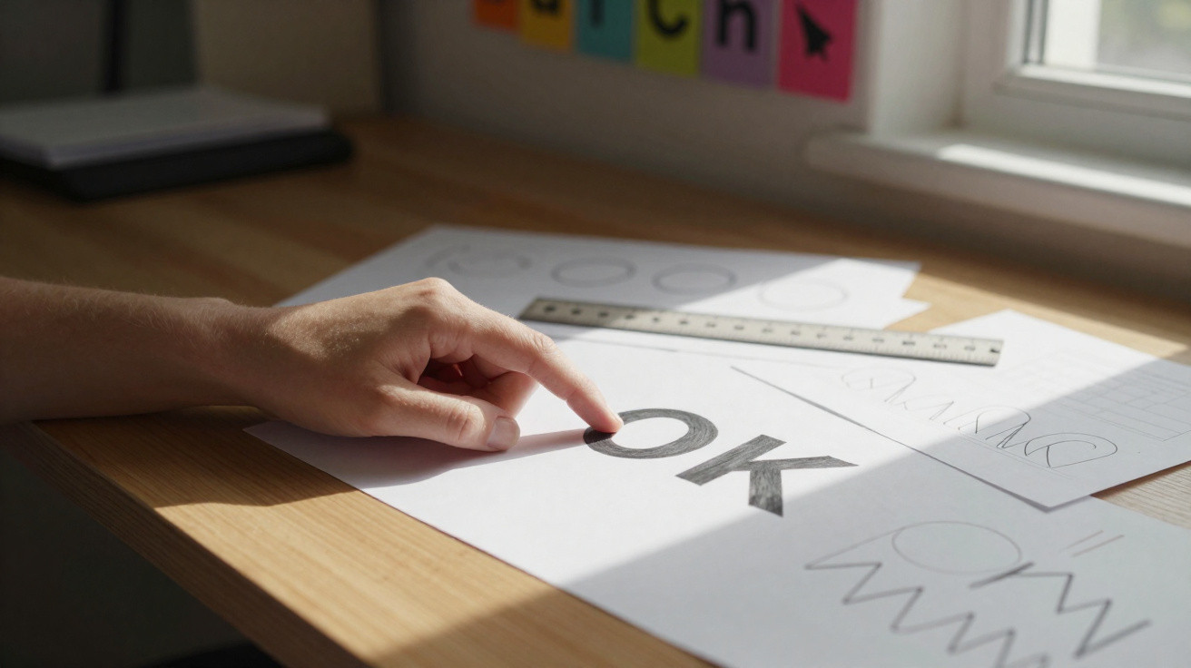 Mão apontando para a palavra "OK" desenhada em papel num escritório com luz natural pela janela.