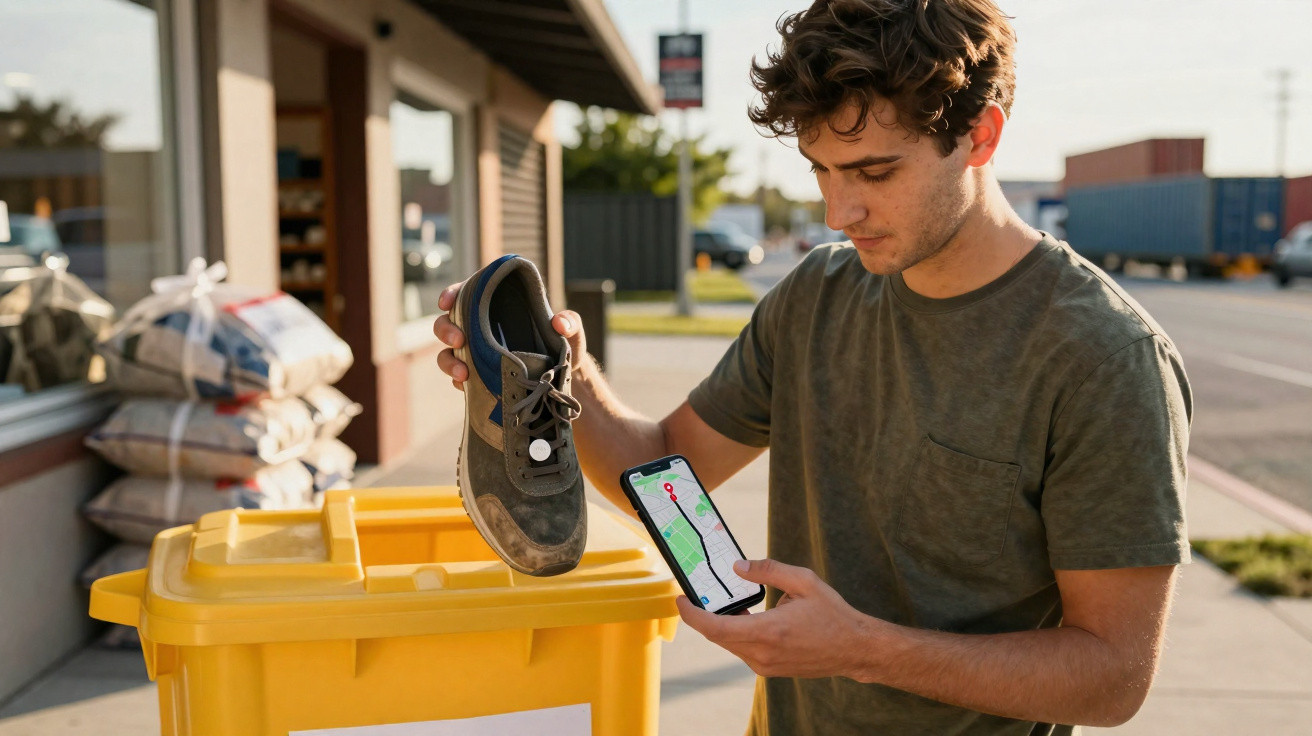 Jovem a segurar ténis usado e telemóvel com app de localização junto a contentor amarelo na rua.