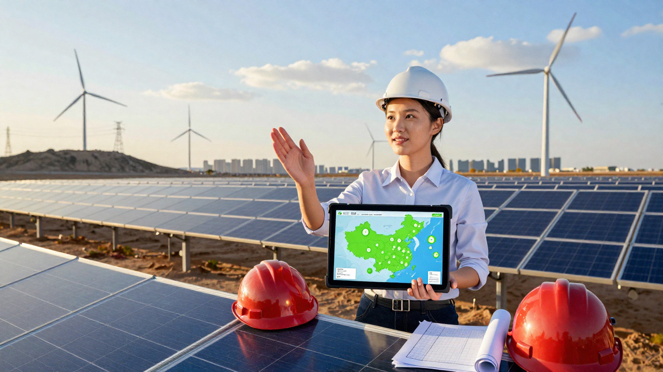 Mulher com capacete branco mostra mapa num tablet em campo solar com turbinas eólicas ao fundo.