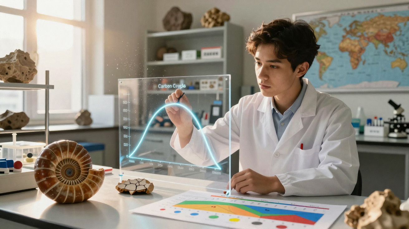 Jovem cientista em laboratório analisa gráfico digital sobre ciclo do carbono com fósseis à volta.
