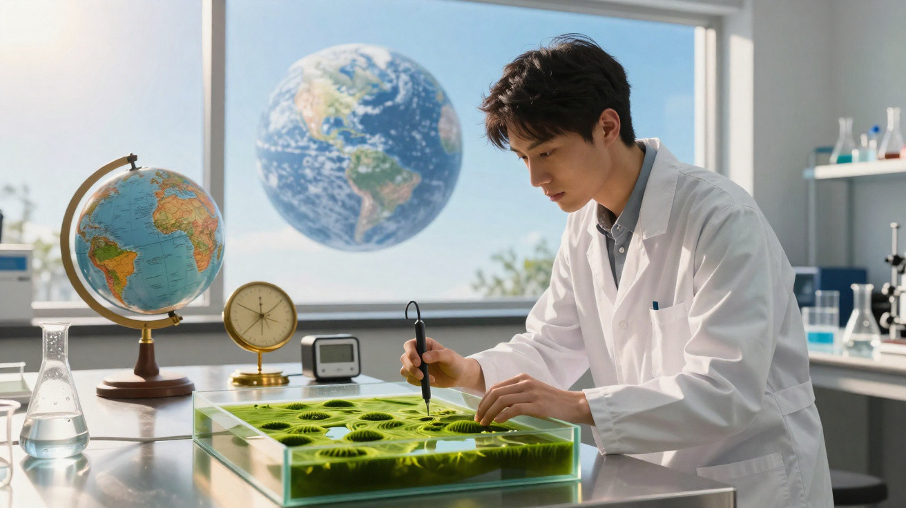 Cientista em laboratório a analisar modelos verdes enquanto um globo terrestre e uma esfera da Terra flutuante aparecem na sa