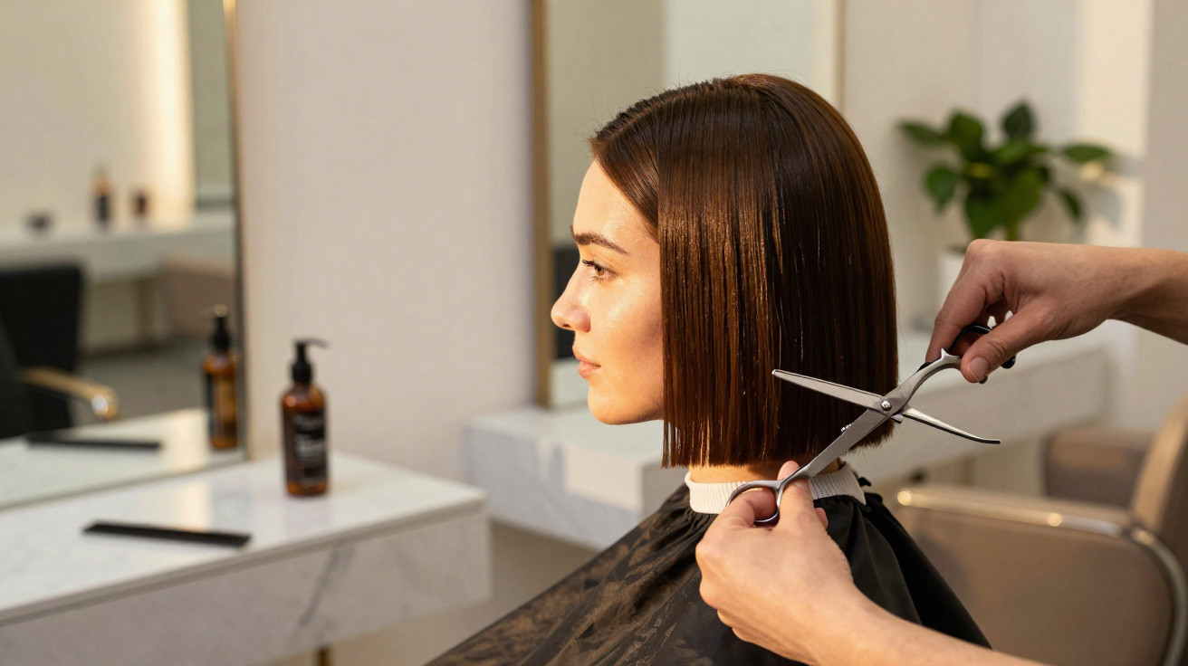 Mulher com cabelo castanho sendo cortado com tesoura num salão de beleza moderno.
