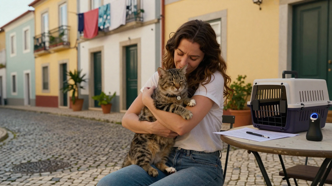 Mulher sentada numa rua de calçada, a abraçar um gato grande, junto a uma mesa com transportadora e documentos.