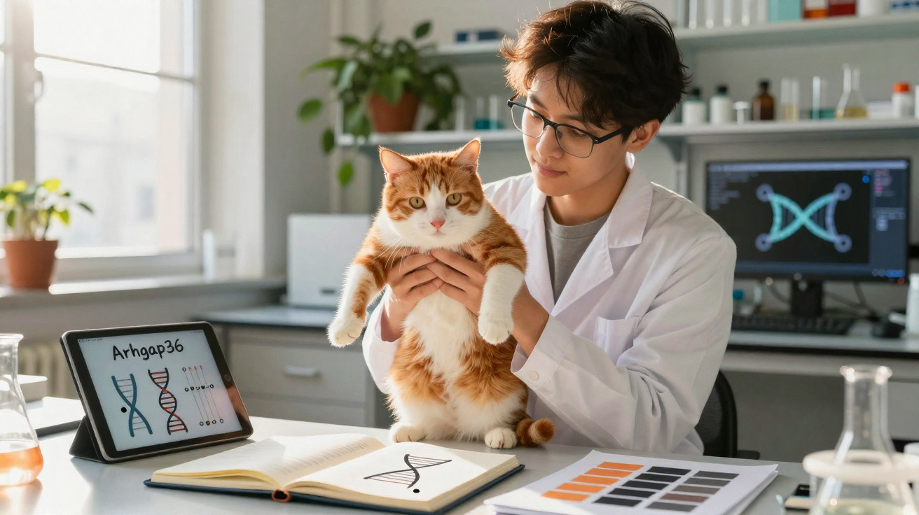 Cientista segura gato ruivo em laboratório com imagens de DNA no tablet, livro e computador ao fundo.