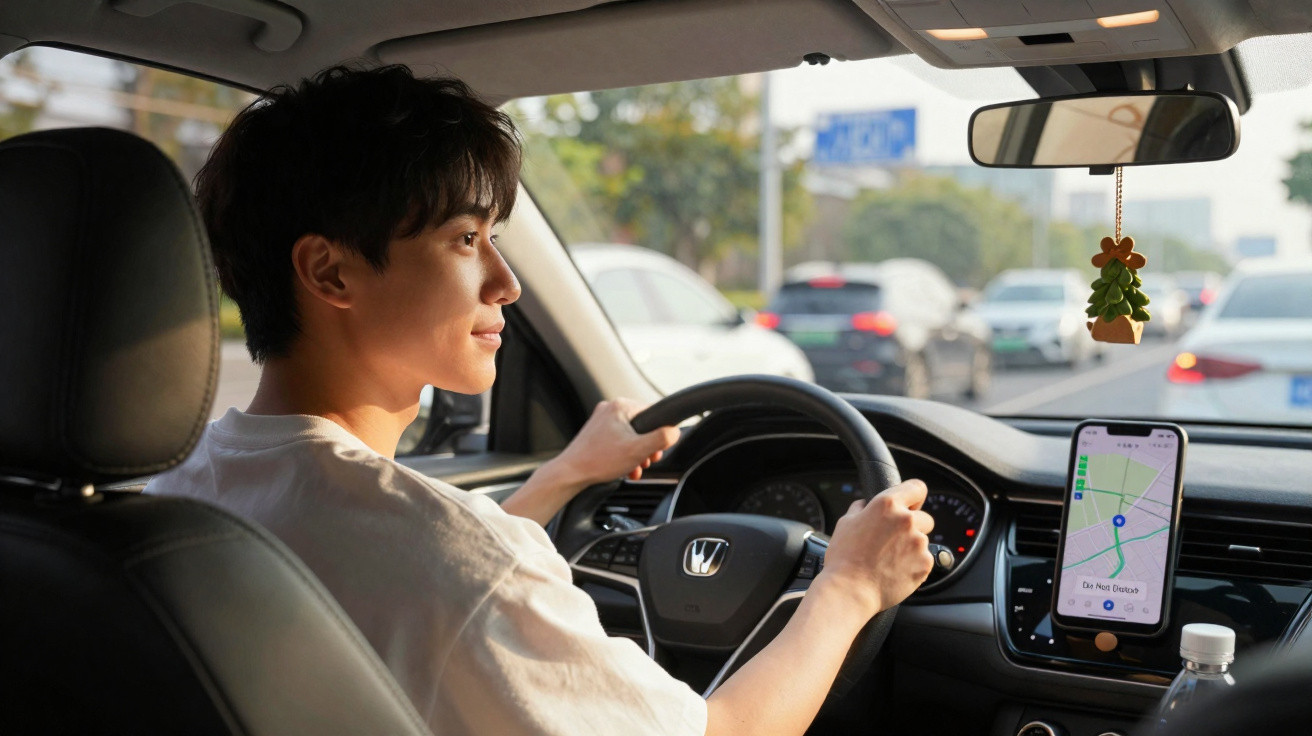 Homem jovem a conduzir carro com aplicação de GPS no telemóvel montado no painel.