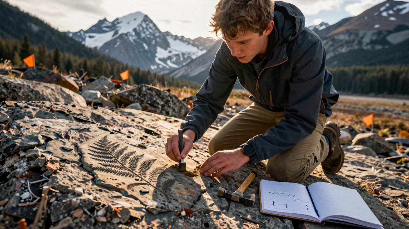 Jovem cientista escavando fósseis de folhas em rocha numa paisagem montanhosa com caderno aberto ao lado.