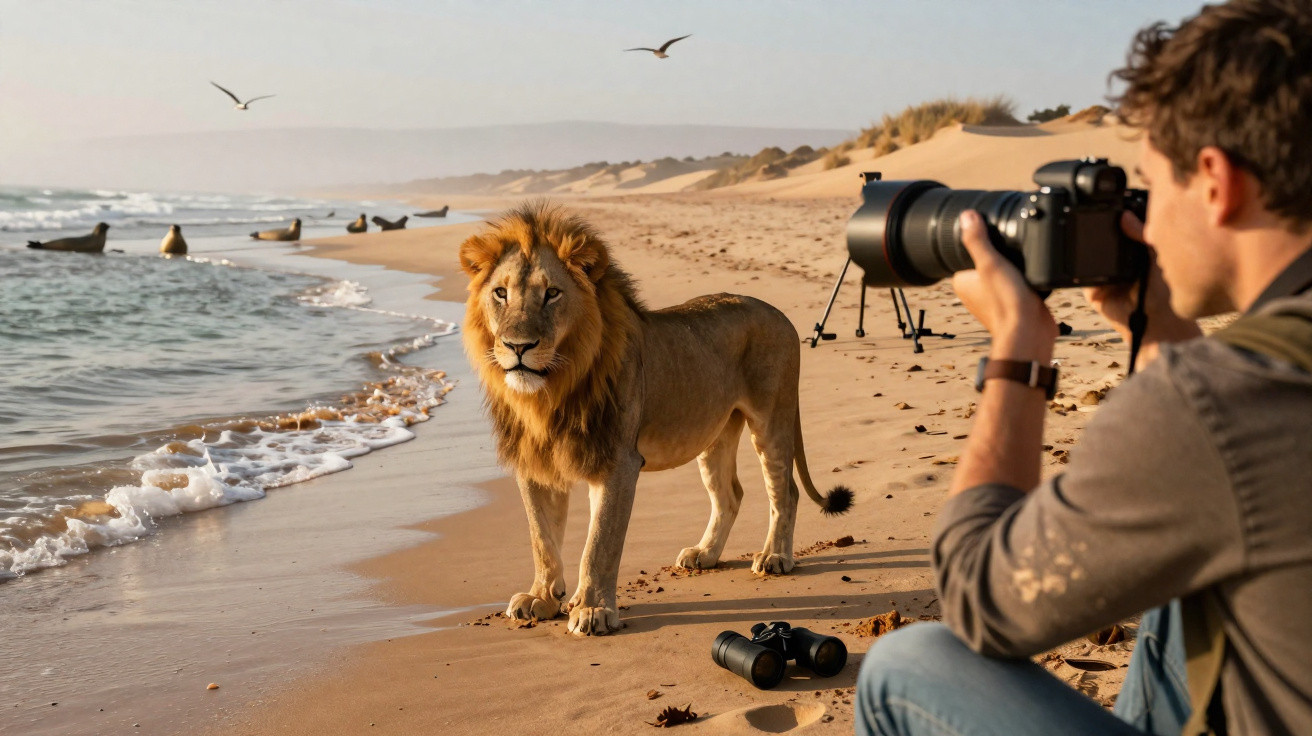 Fotógrafo tira foto de um leão na praia ao amanhecer, com gaivotas no céu e focas na água.