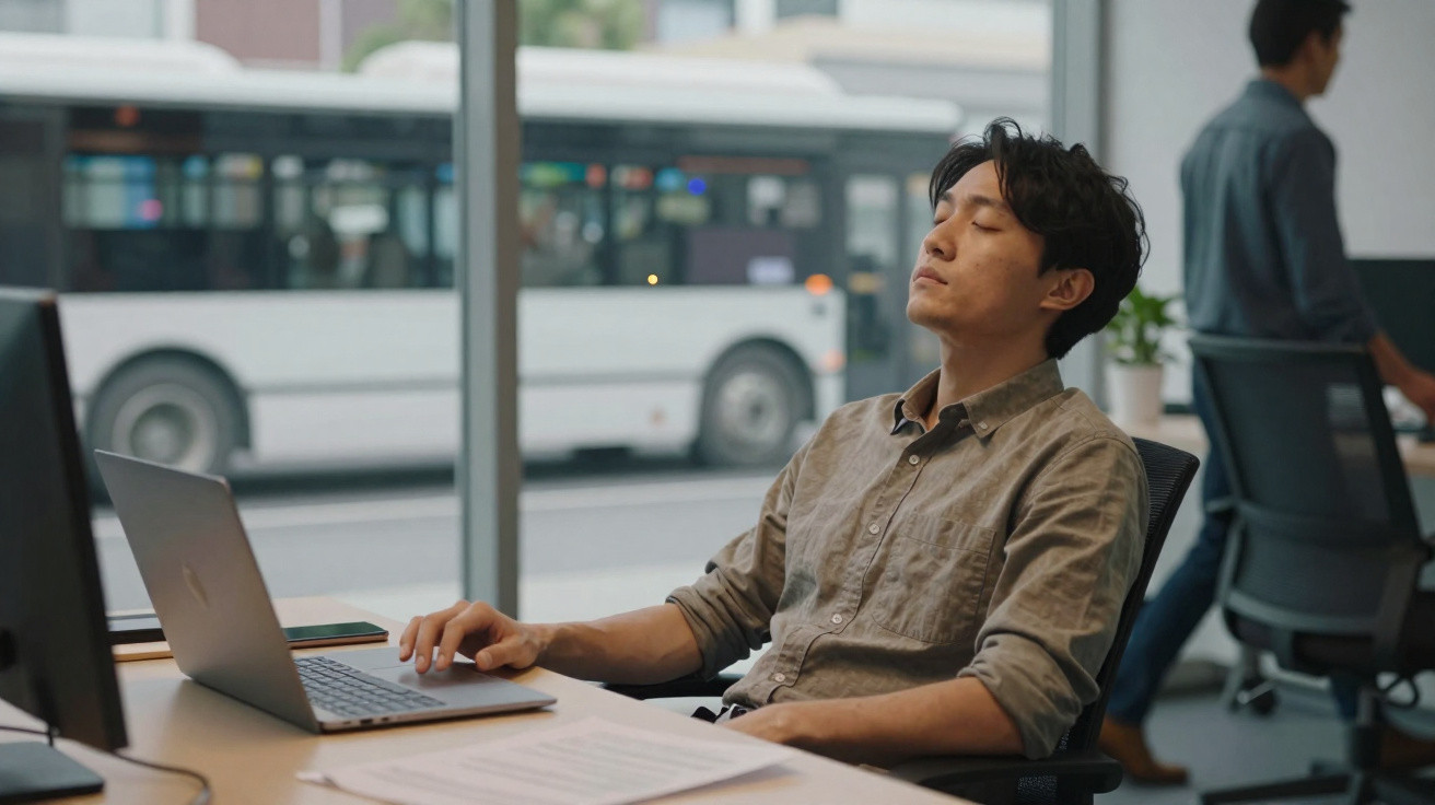 Homem sentado numa cadeira de escritório, a descansar com os olhos fechados junto a um computador portátil.
