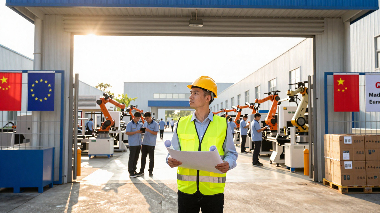 Homem com capacete e colete refletor observa fábrica com robôs industriais e trabalhadores ao fundo.
