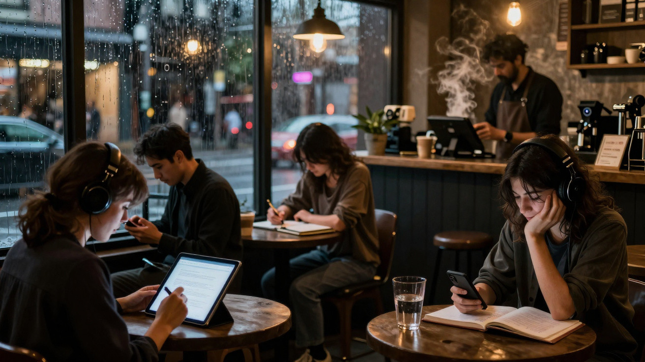 Pessoas concentradas a trabalhar e estudar numa cafetaria com janelas molhadas pela chuva, ambiente acolhedor.