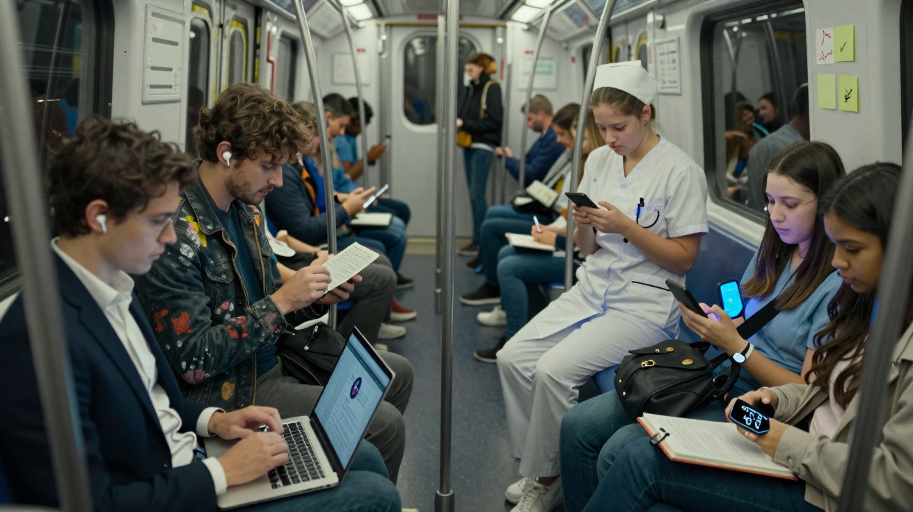 Pessoas sentadas no metro, a usar dispositivos eletrónicos, incluindo um profissional de saúde de uniforme branco.
