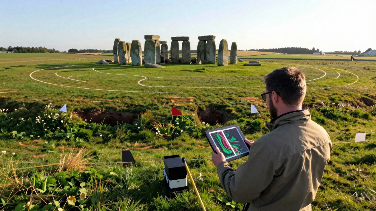 Homem com tablet a analisar o sítio arqueológico de Stonehenge num campo com círculos no chão.