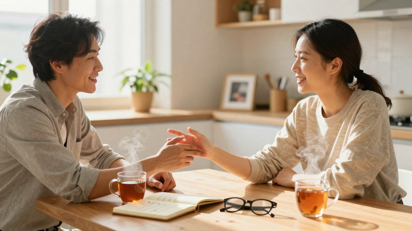 Casal sorridente a segurar-se pela mão numa cozinha com chá quente sobre a mesa de madeira.