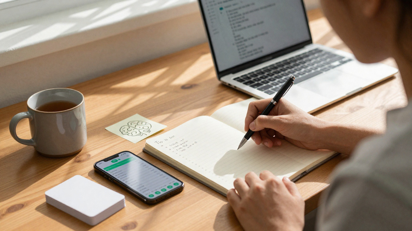 Pessoa a escrever numa lista num caderno, com um telemóvel, computador portátil e chá numa mesa de madeira.
