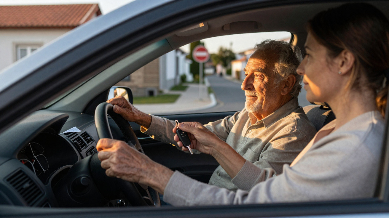 Homem idoso a conduzir carro com mulher mais nova no banco do passageiro ao pôr do sol.