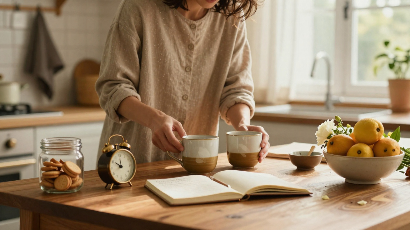 Pessoa a preparar duas chávenas de chá na cozinha junto a um livro aberto e uma tigela com frutas.