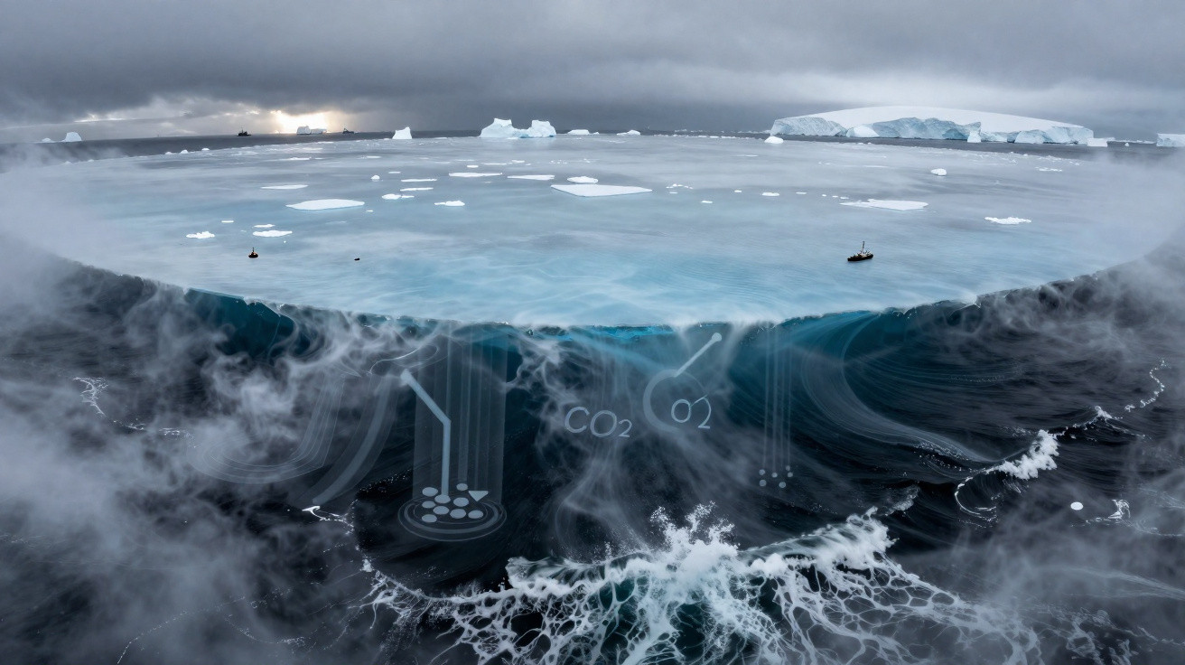 Paisagem polar com icebergues, gelo flutuante e efeito visual de circulação de gases CO2 e O2 na água.