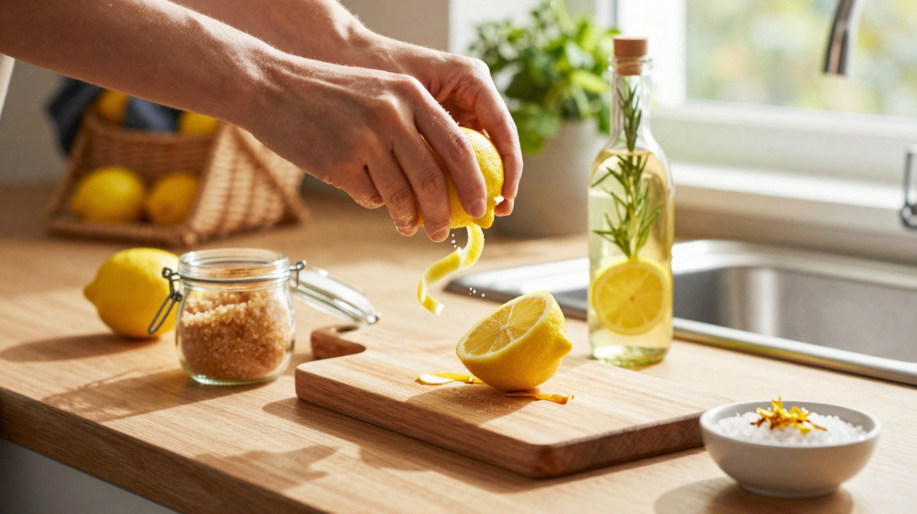 Mãos a espremer um limão sobre uma tábua de madeira numa cozinha com ingredientes à volta.